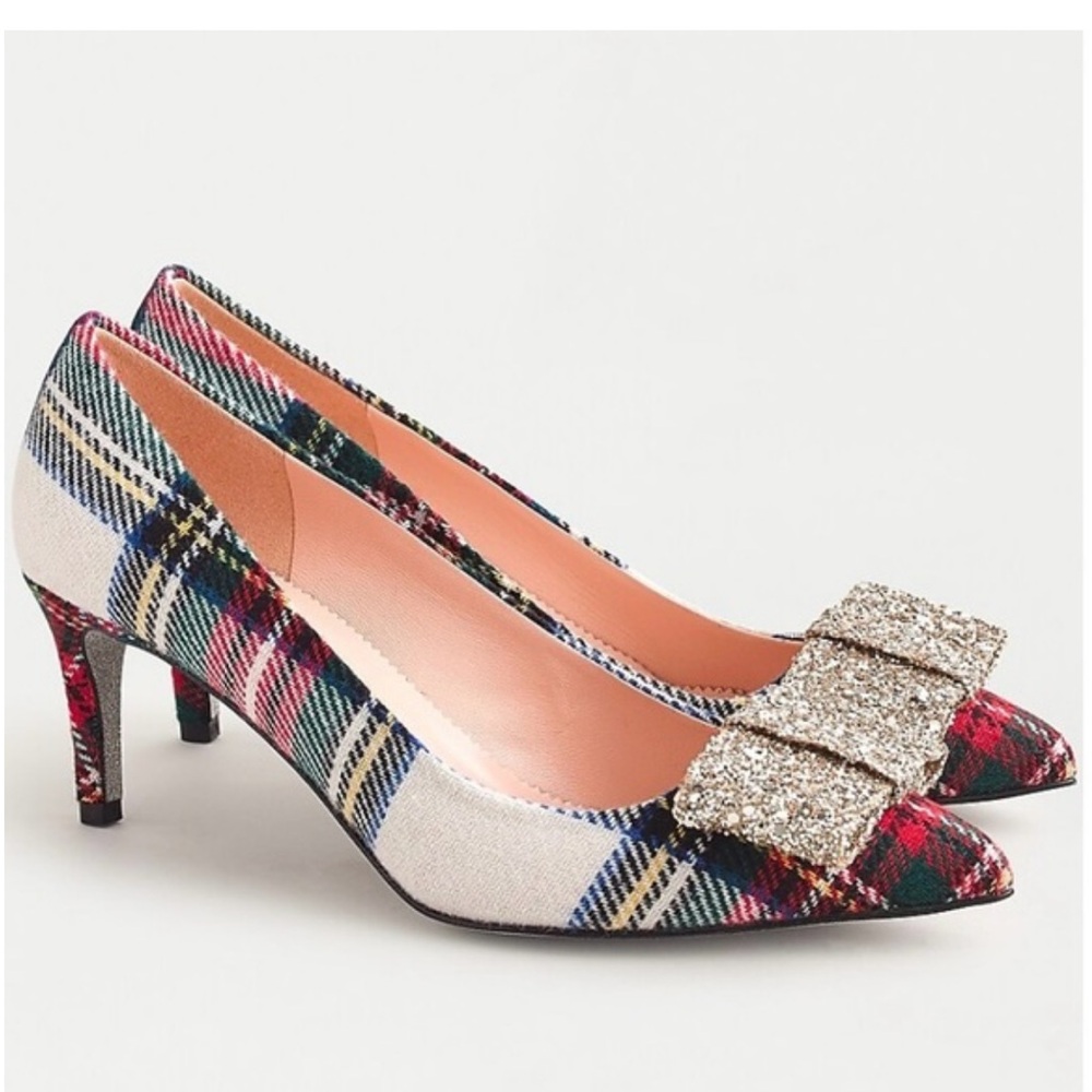 J. Crew Colette Stewart Snowy Tartan Plaid Heels with Glitter Bow